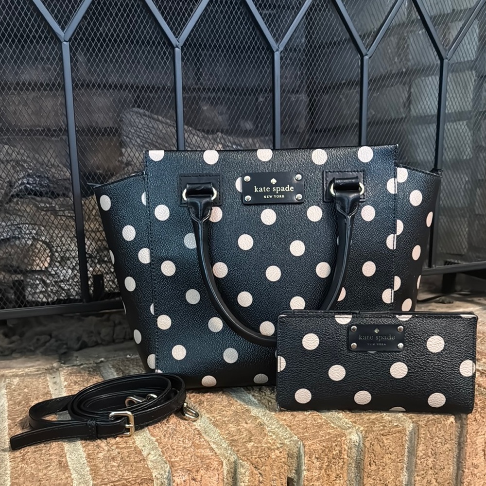 Kate Spade Camryn Black and Tan   Polka Dot satchel and Slim Wallet